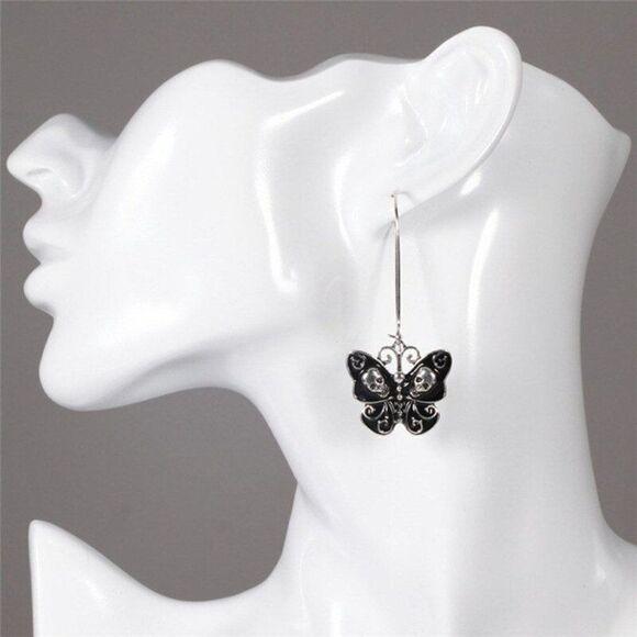 Black Butterfly Kidney Earwire Style Skull Earrings, One Size, NWT - Picture 2 of 7